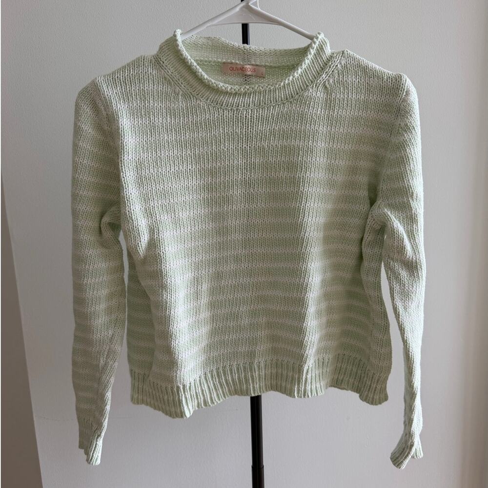 100% Cotton Pistachio Green and White Striped Cropped Sweater Size Large